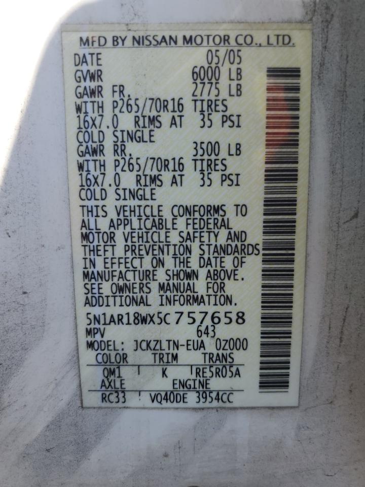 5N1AR18WX5C757658 2005 Nissan Pathfinder Le