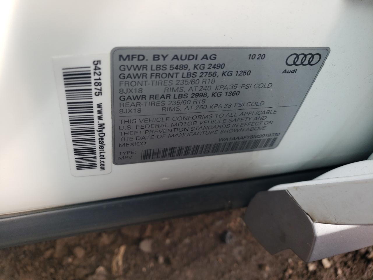 WA1AAAFY8M2019730 2021 Audi Q5 Premium
