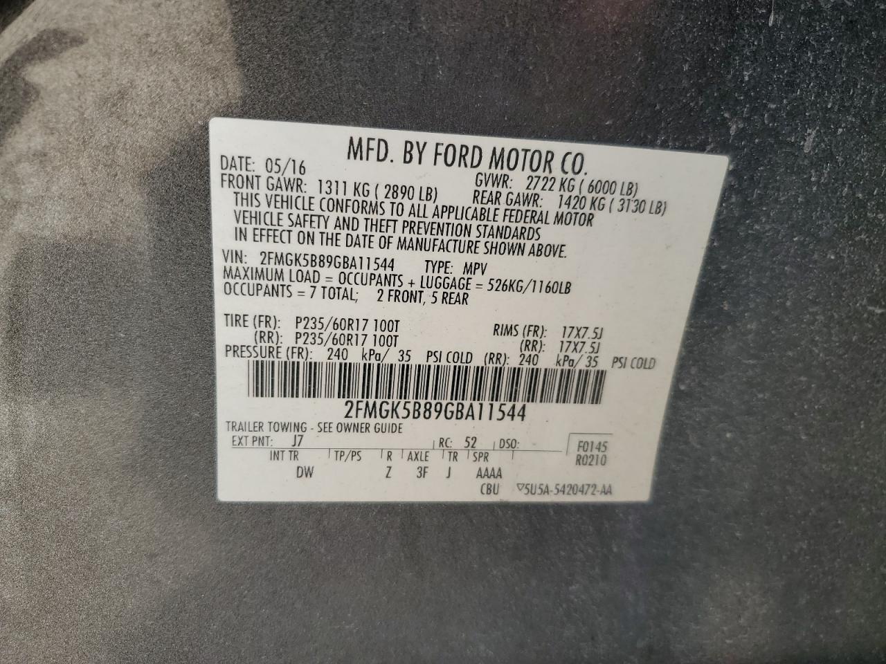 2FMGK5B89GBA11544 2016 Ford Flex Se