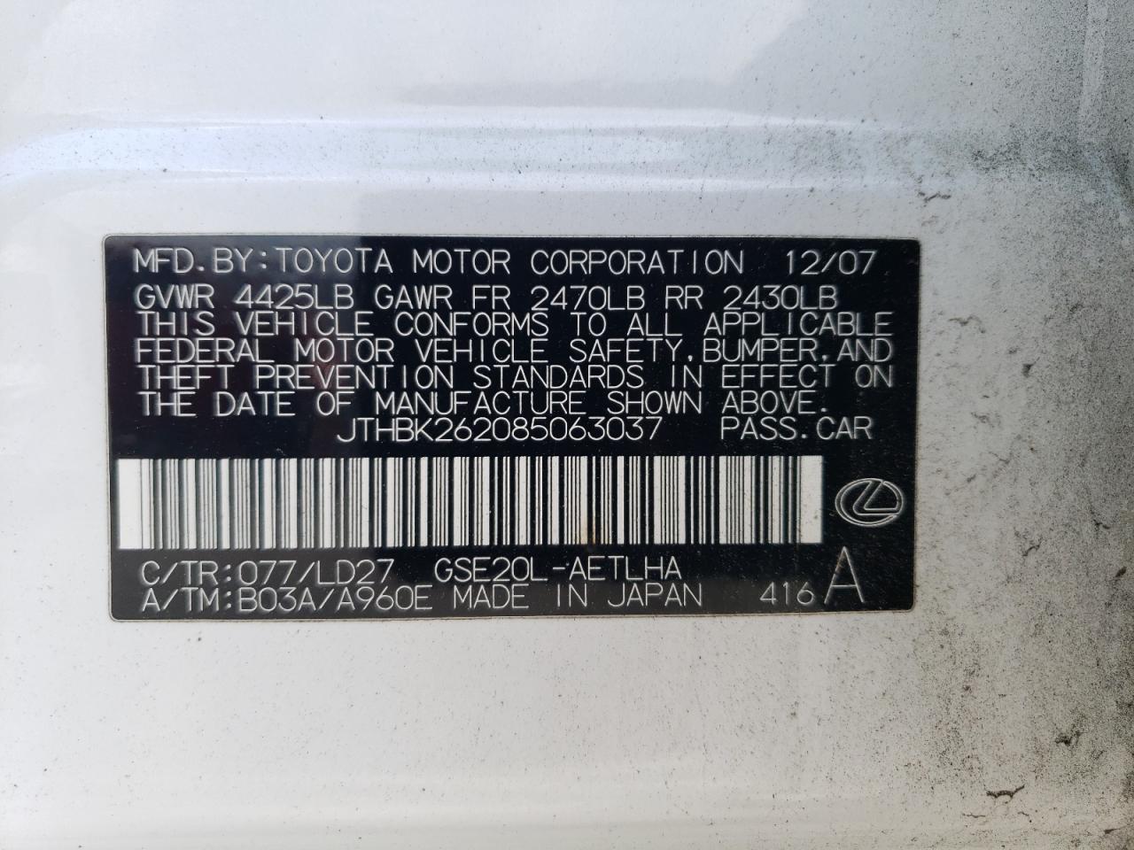 JTHBK262085063037 2008 Lexus Is 250