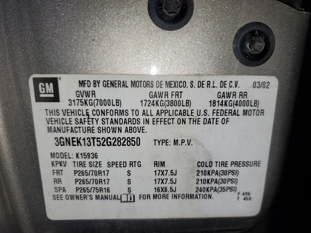 3GNEK13T52G282850 2002 Chevrolet Avalanche K1500