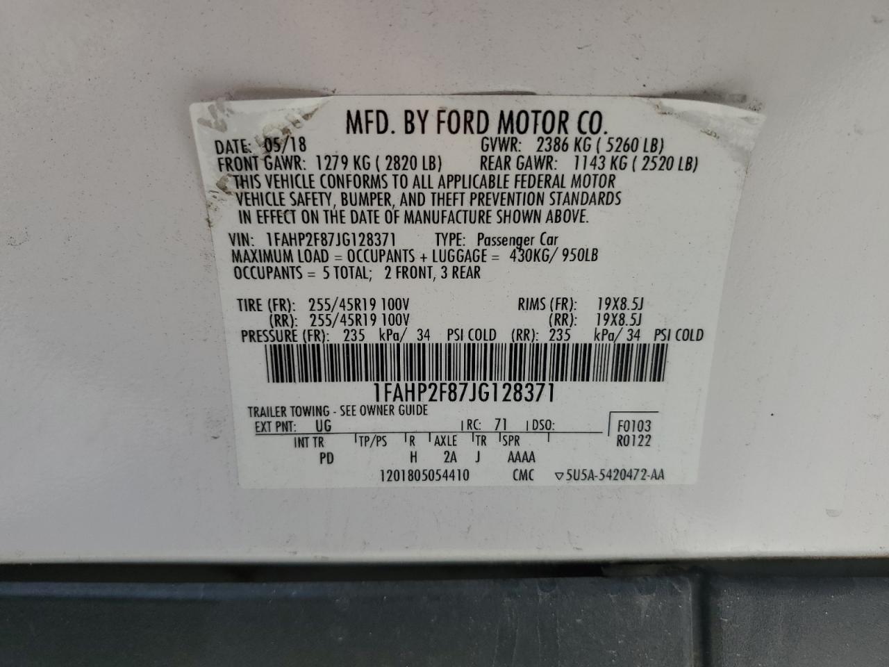 1FAHP2F87JG128371 2018 Ford Taurus Limited