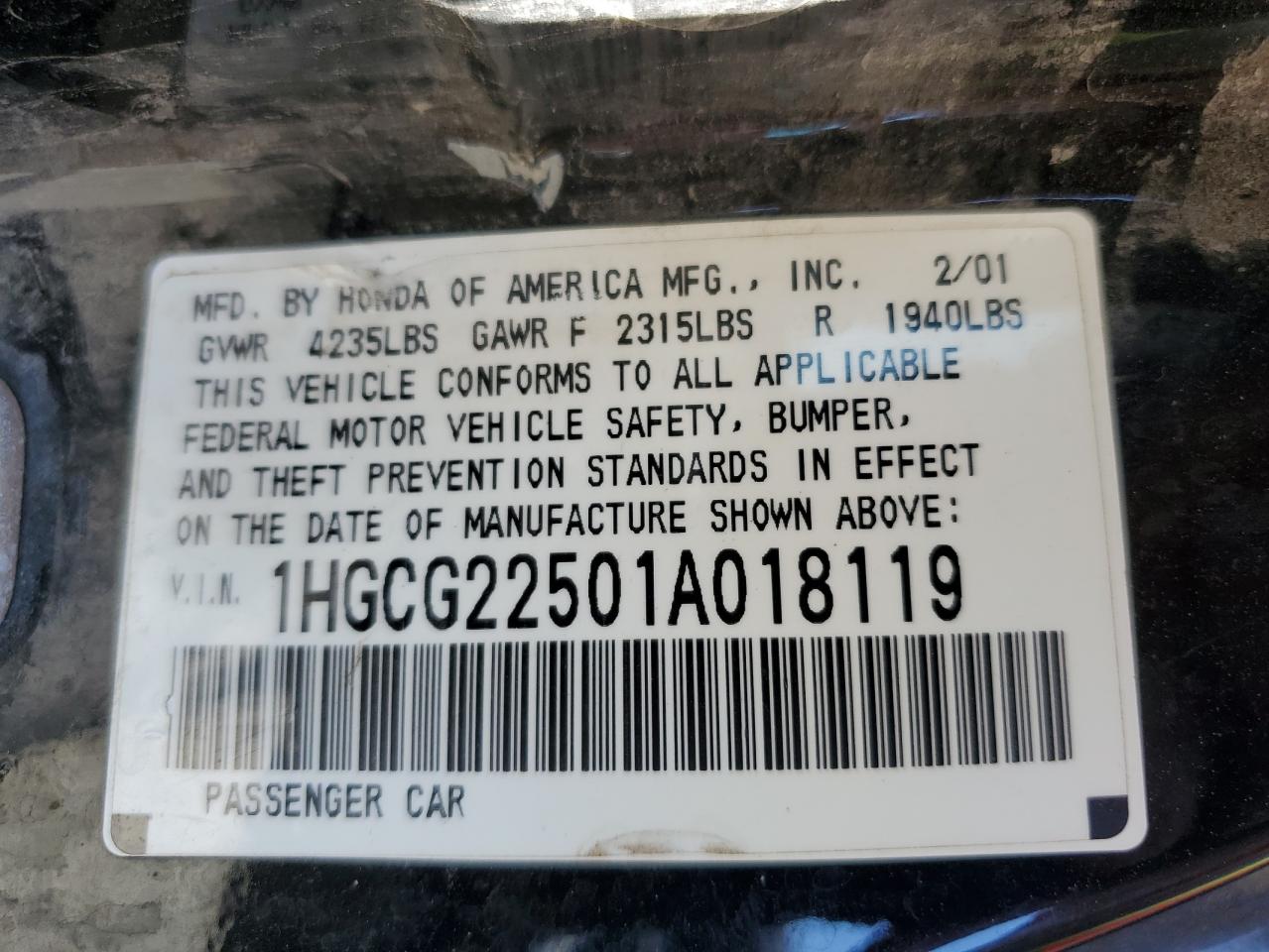 1HGCG22501A018119 2001 Honda Accord Ex