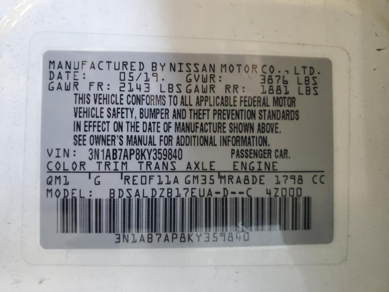 3N1AB7AP8KY359840 2019 Nissan Sentra S