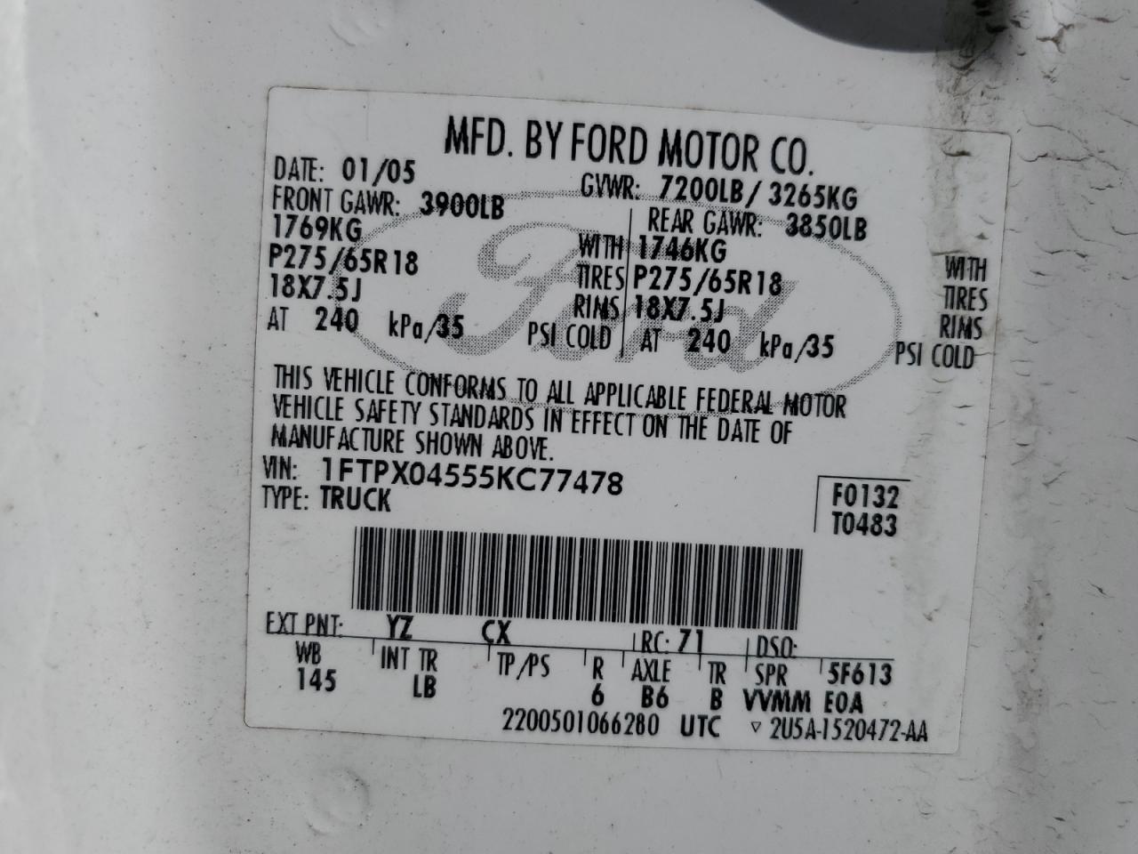 1FTPX04555KC77478 2005 Ford F150