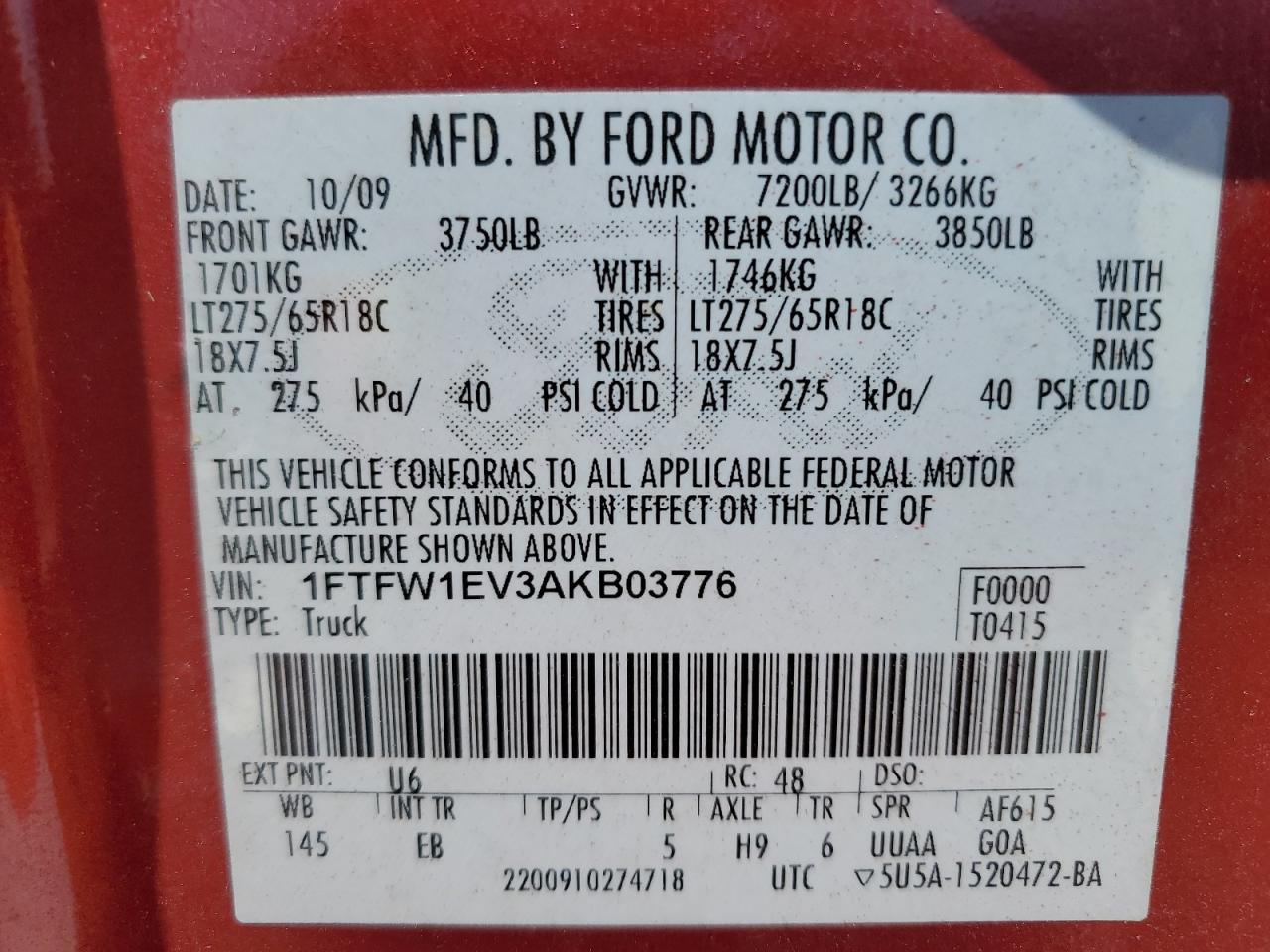 1FTFW1EV3AKB03776 2010 Ford F150 Supercrew