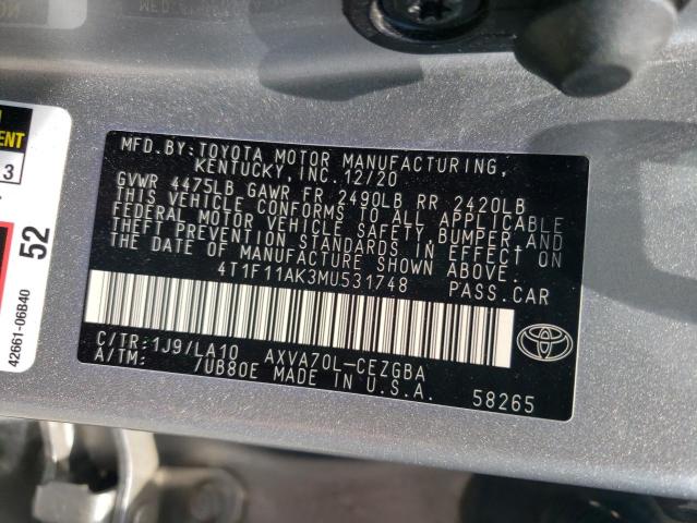 VIN 4T1F11AK3MU531748 2021 Toyota Camry, Xle no.12