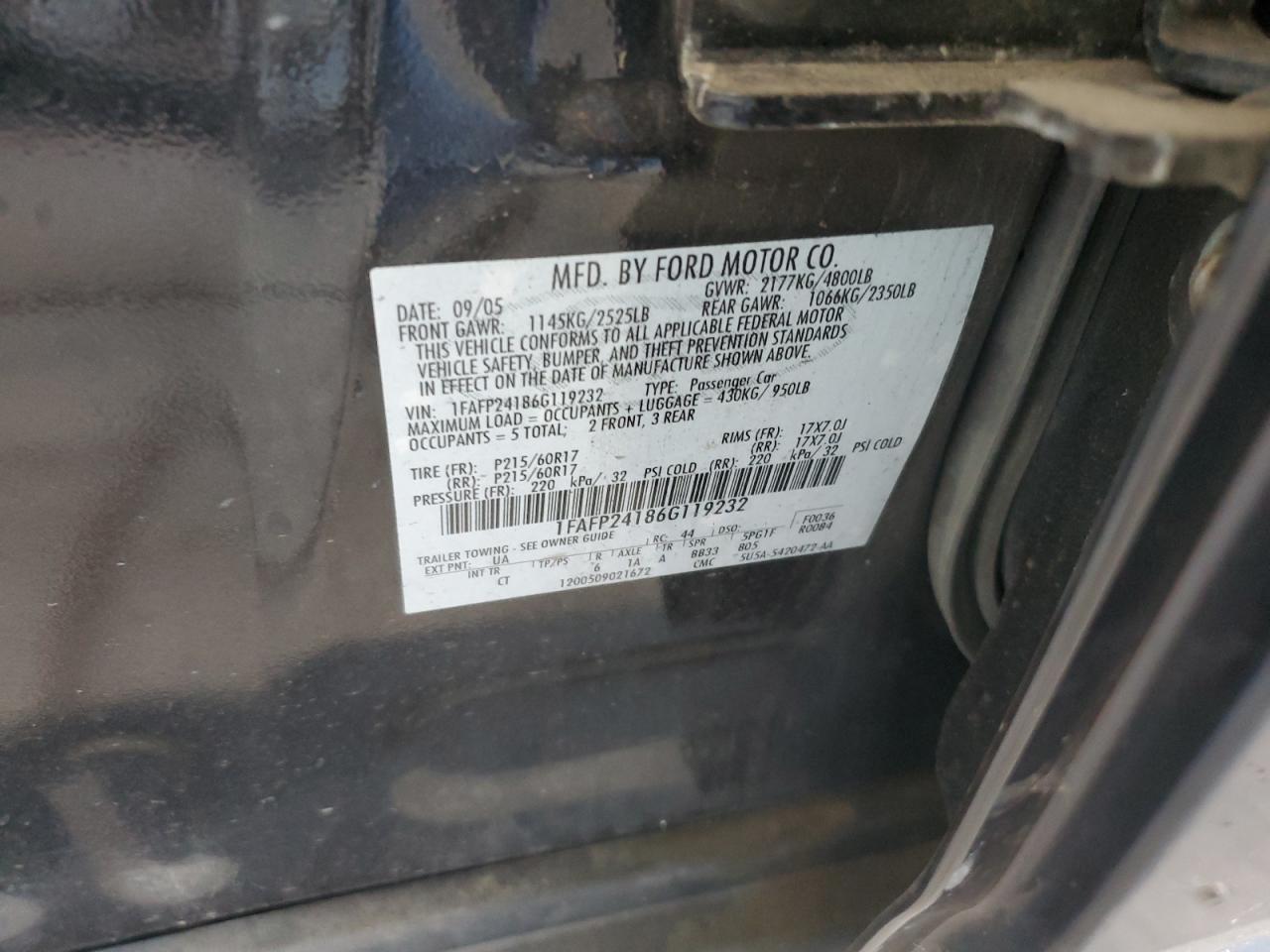 1FAFP24186G119232 2006 Ford Five Hundred Sel