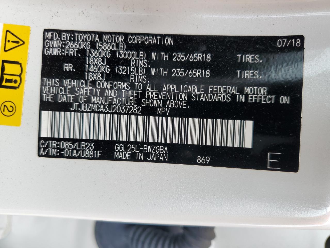 JTJBZMCA3J2037282 2018 Lexus Rx 350 Base
