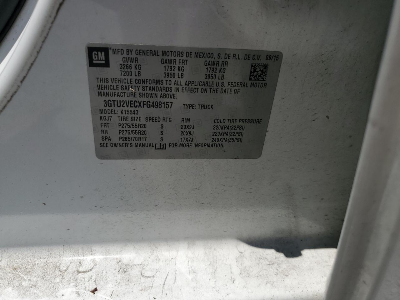 3GTU2VECXFG498157 2015 GMC Sierra K1500 Slt