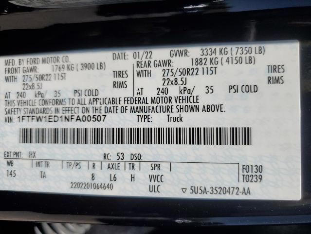 2022 Ford F150 Supercrew VIN: 1FTFW1ED1NFA00507 Lot: 61884774