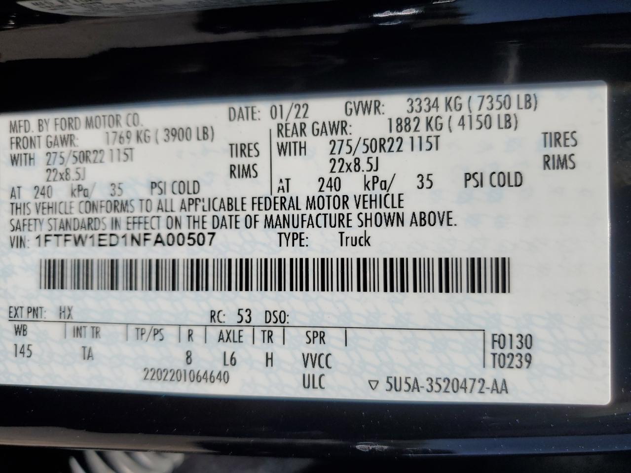 1FTFW1ED1NFA00507 2022 Ford F150 Supercrew