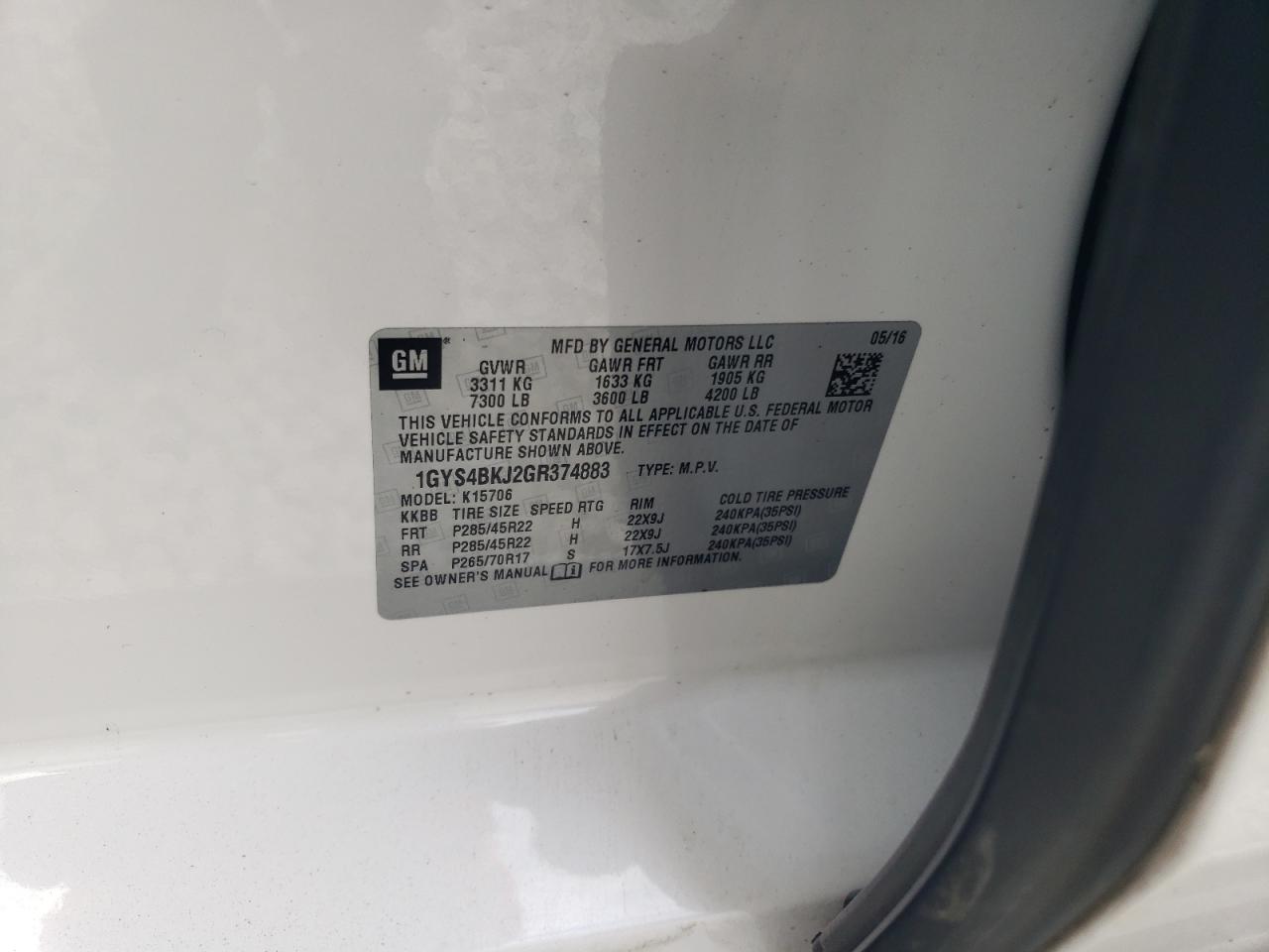 1GYS4BKJ2GR374883 2016 Cadillac Escalade Luxury