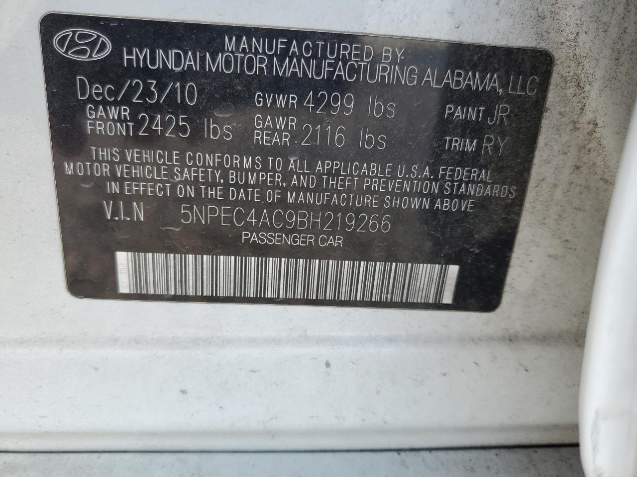 5NPEC4AC9BH219266 2011 Hyundai Sonata Se
