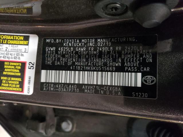 VIN 4T1B21HK6KU515669 2019 Toyota Camry, Hybrid no.12