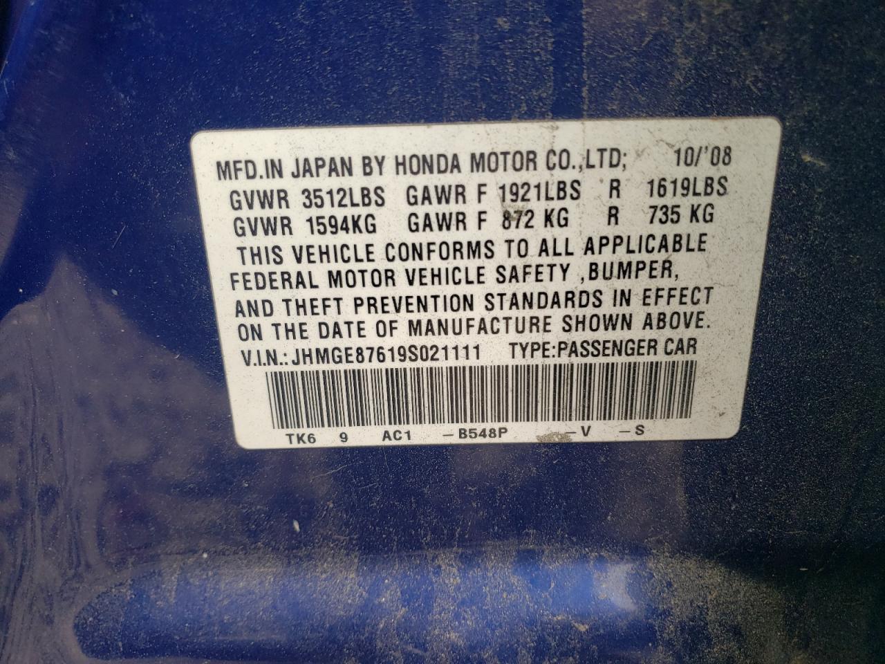 JHMGE87619S021111 2009 Honda Fit Sport