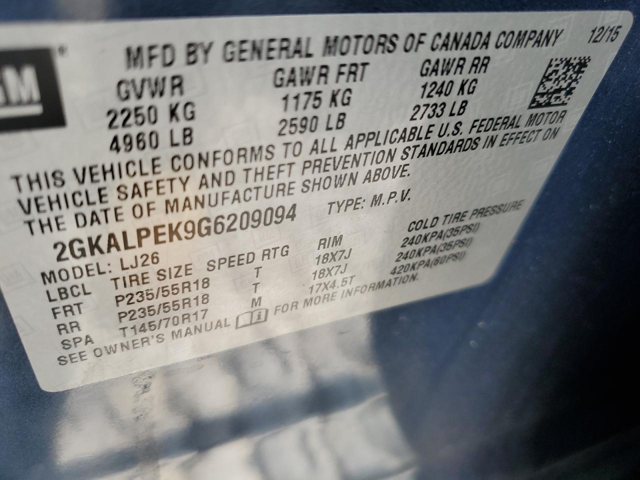 2GKALPEK9G6209094 2016 GMC Terrain Slt