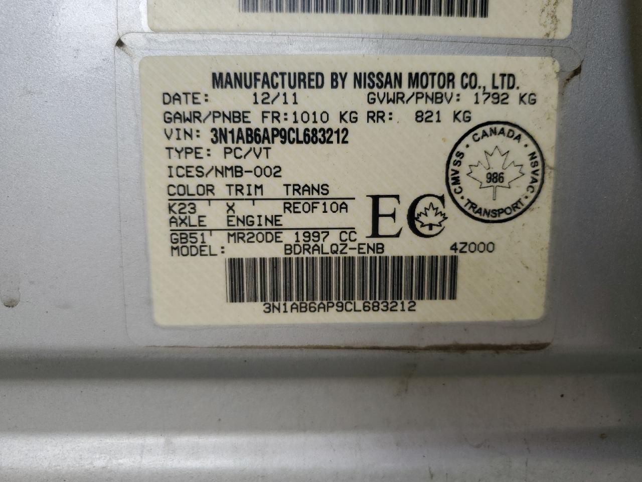 3N1AB6AP9CL683212 2012 Nissan Sentra 2.0