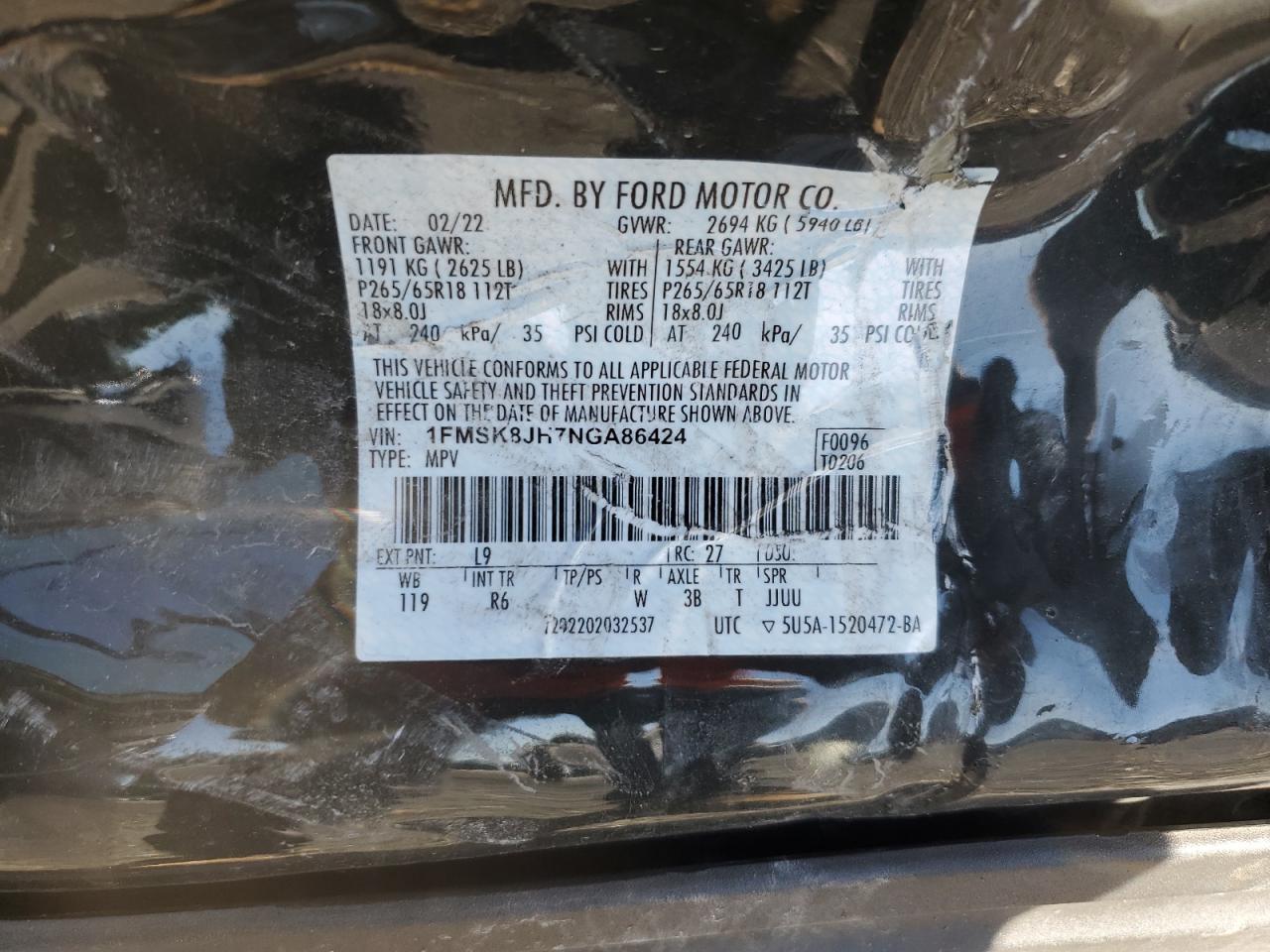 1FMSK8JH7NGA86424 2022 Ford Explorer Timberline