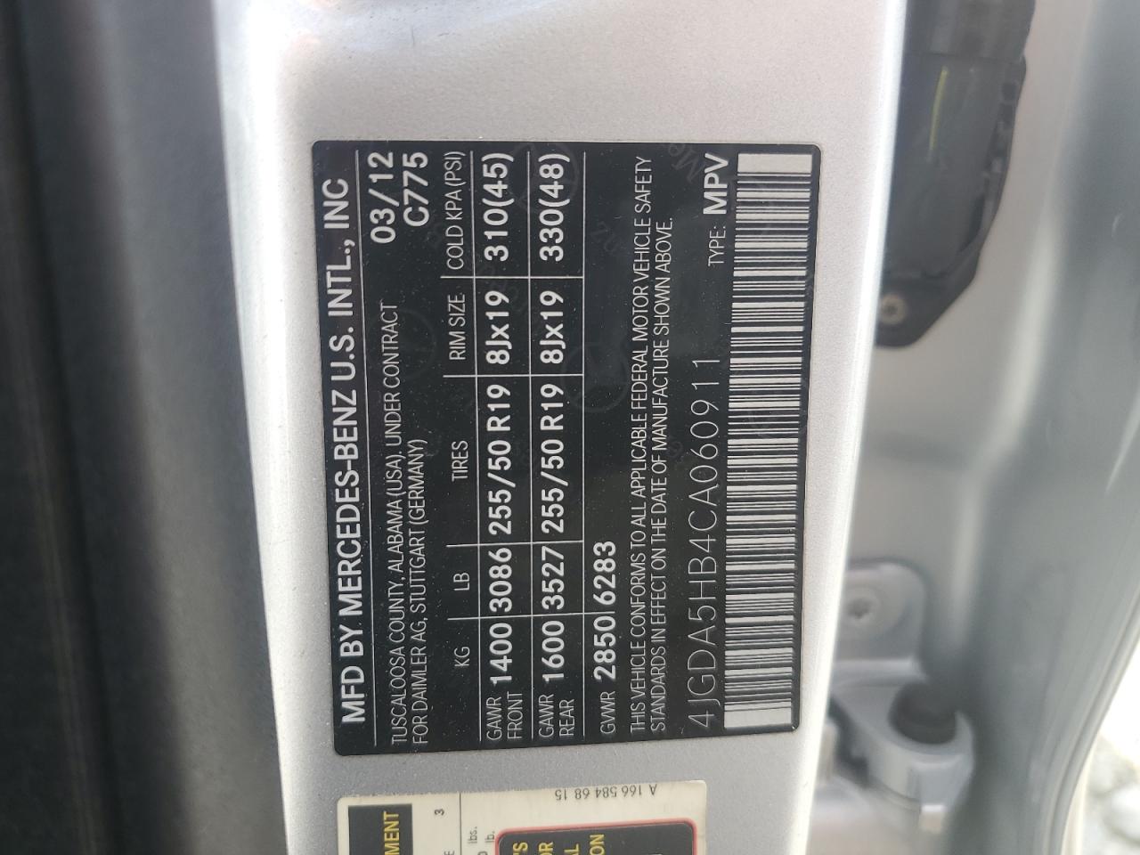 4JGDA5HB4CA060911 2012 Mercedes-Benz Ml 350 4Matic