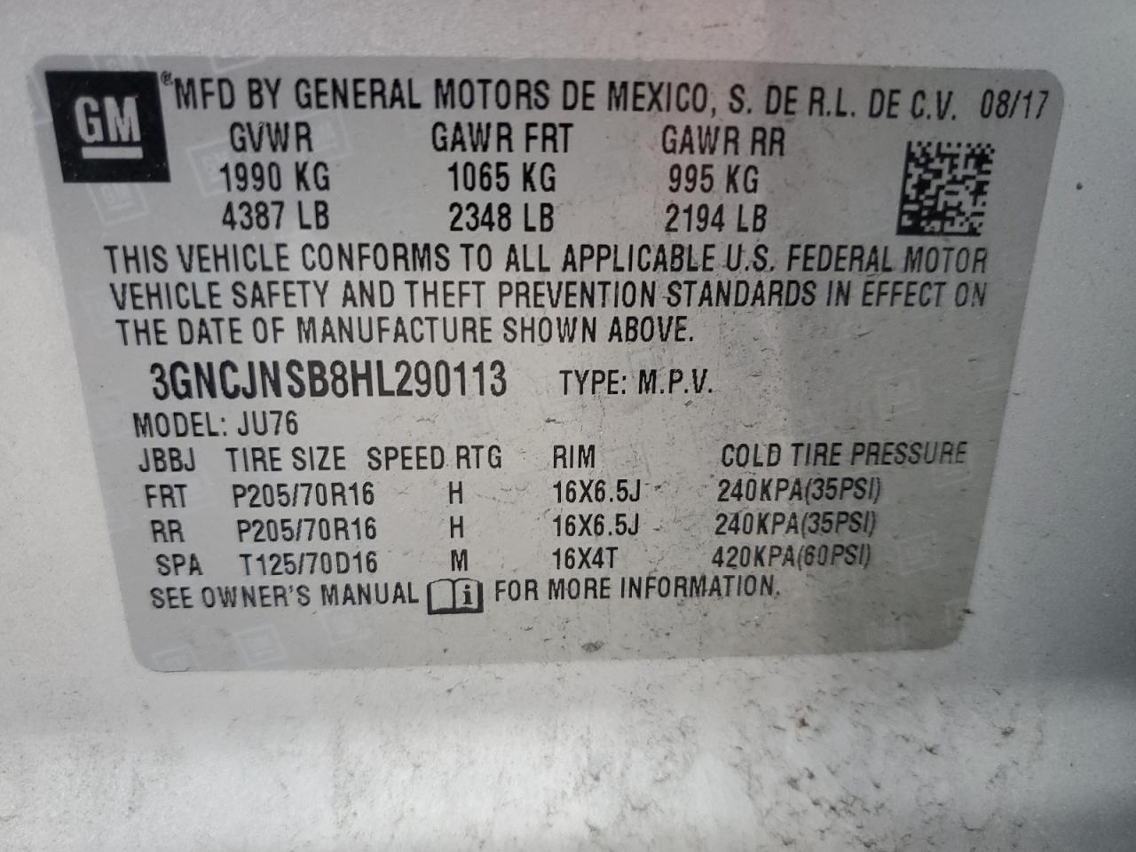 3GNCJNSB8HL290113 2017 Chevrolet Trax Ls