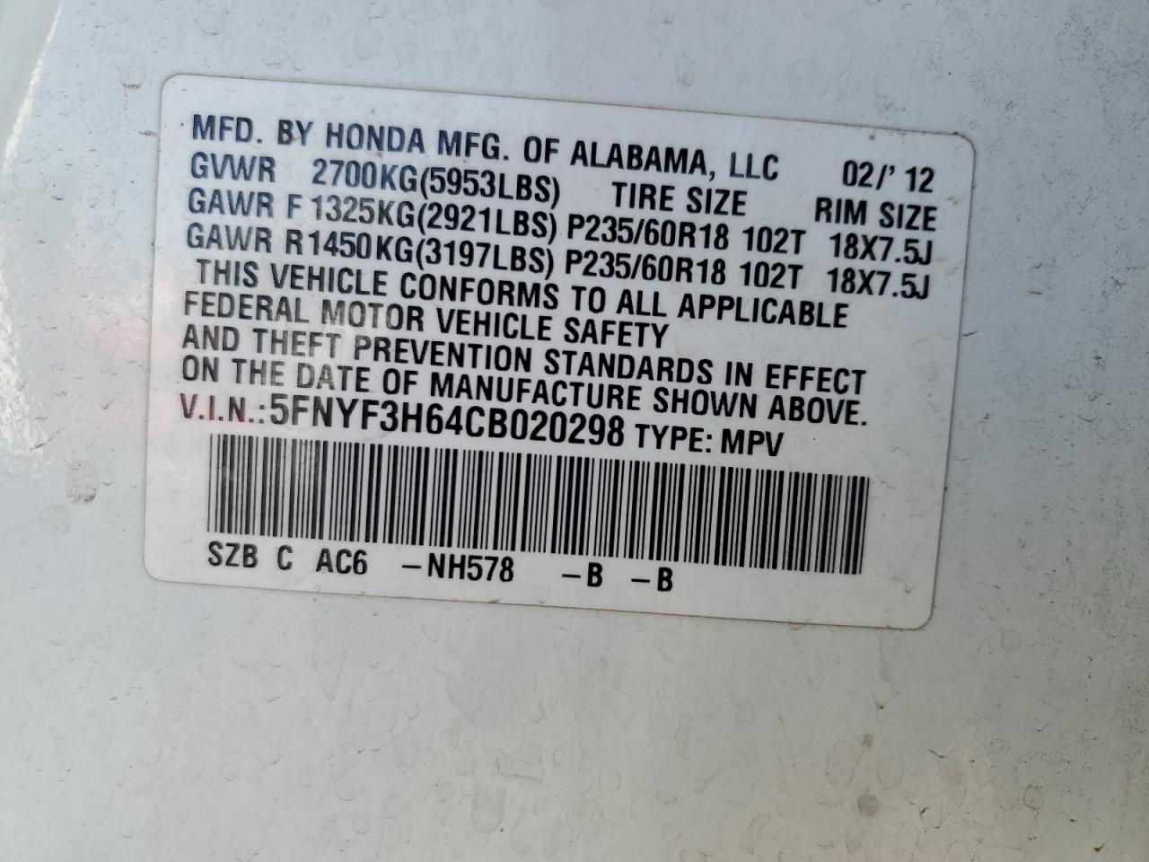 5FNYF3H64CB020298 2012 Honda Pilot Exl