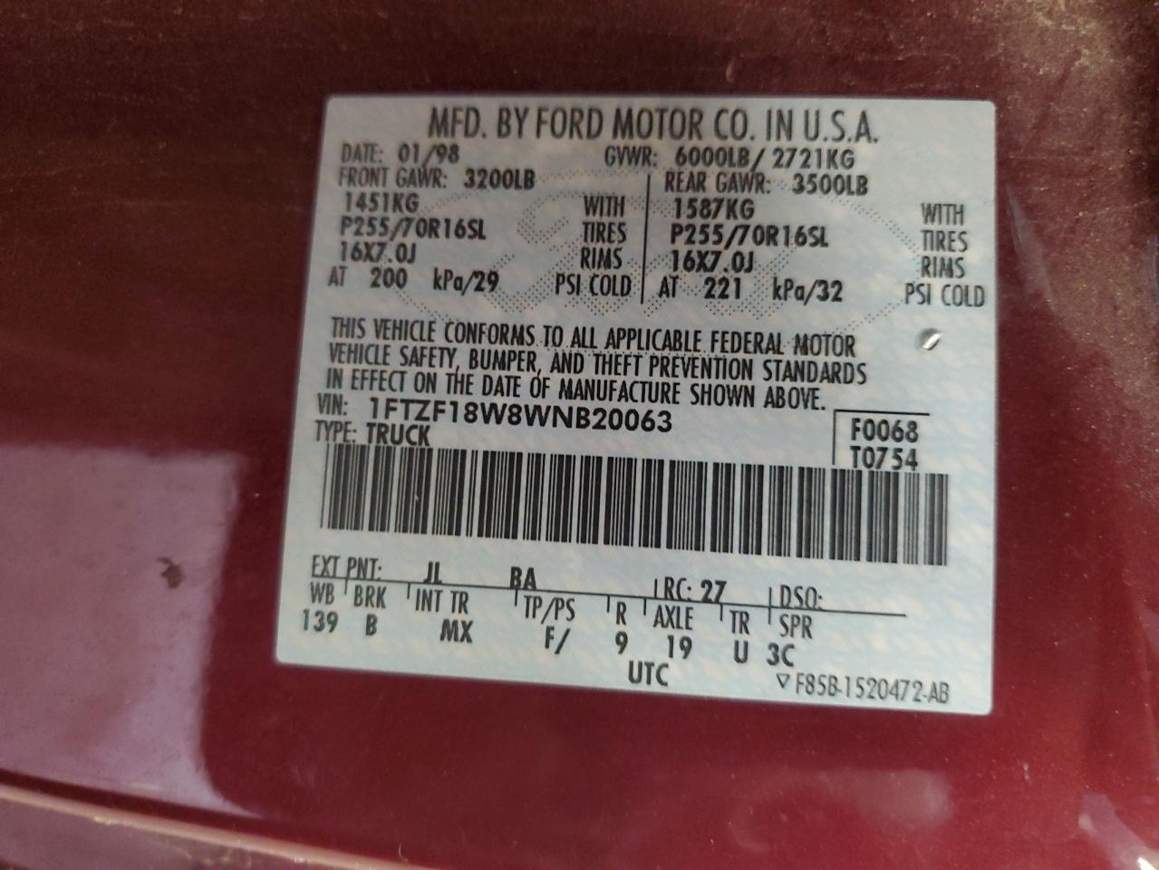 1FTZF18W8WNB20063 1998 Ford F150