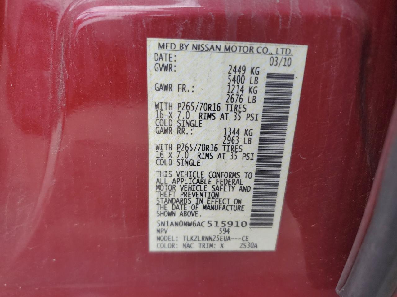 5N1AN0NW6AC515910 2010 Nissan Xterra Off Road