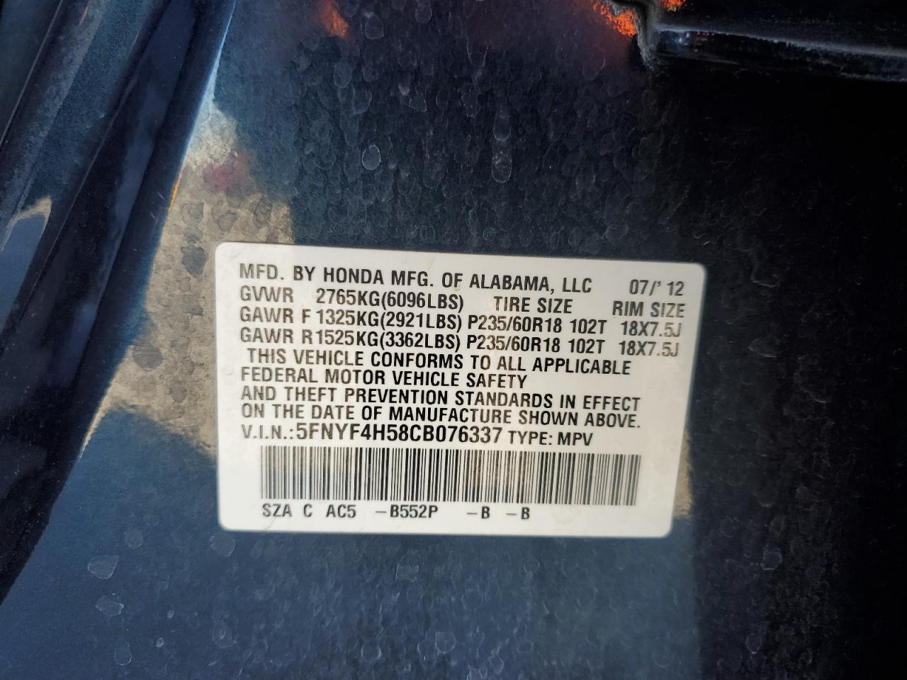 5FNYF4H58CB076337 2012 Honda Pilot Exl