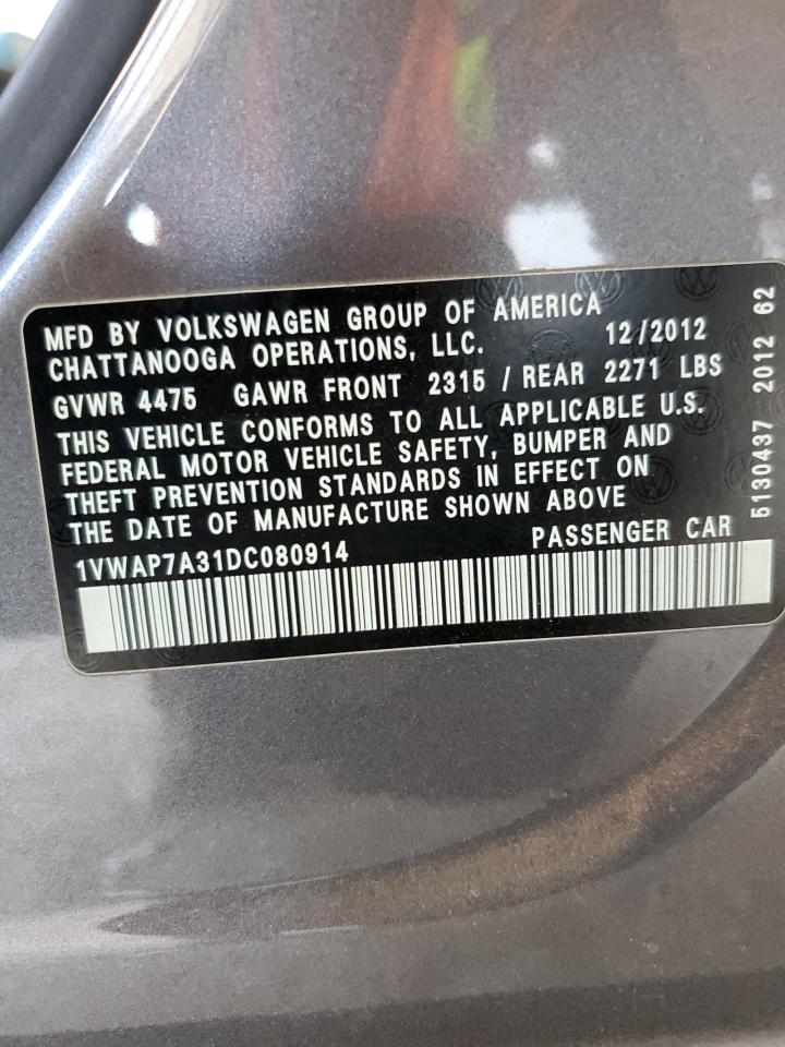 1VWAP7A31DC080914 2013 Volkswagen Passat S