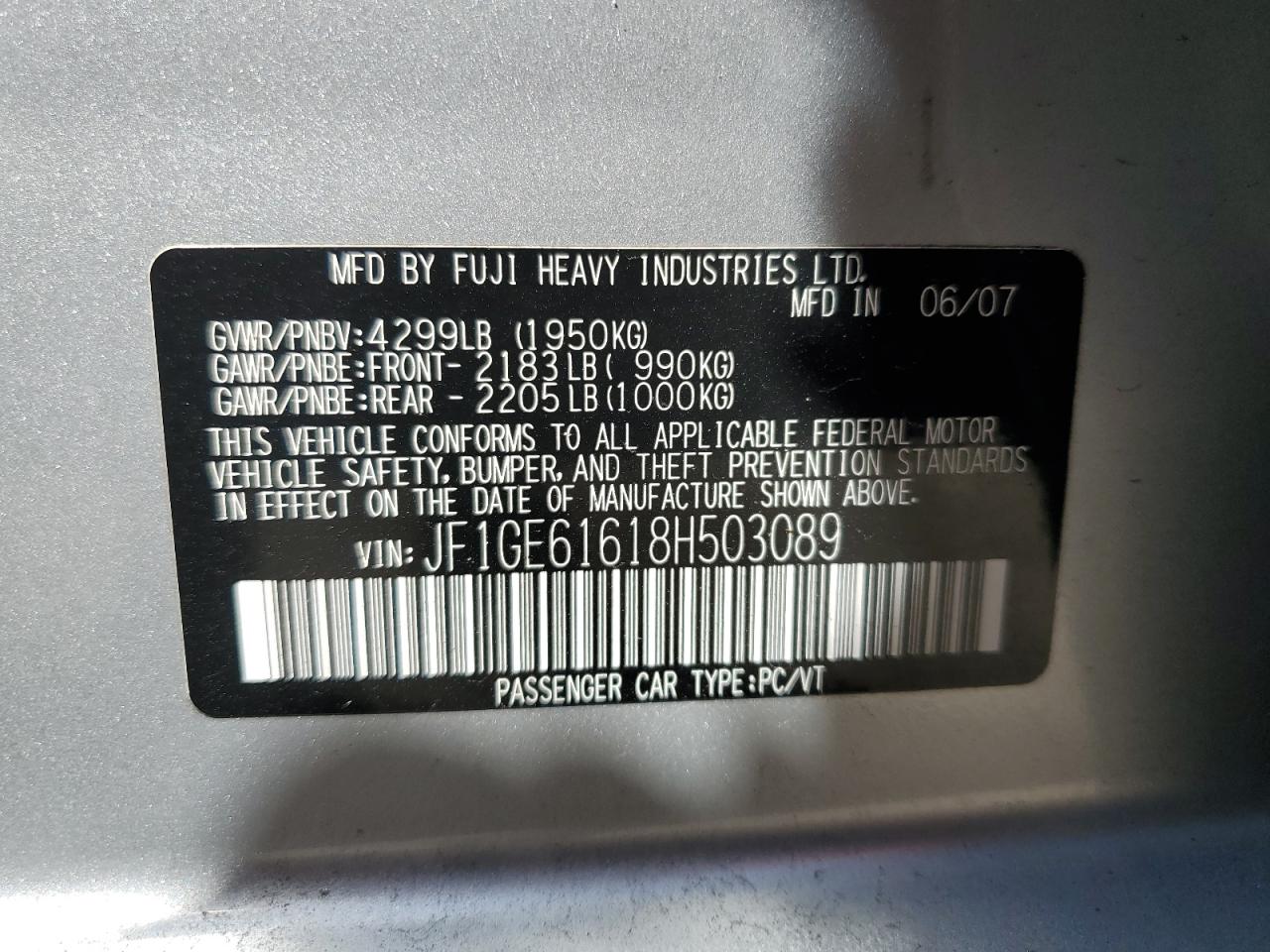 JF1GE61618H503089 2008 Subaru Impreza 2.5I