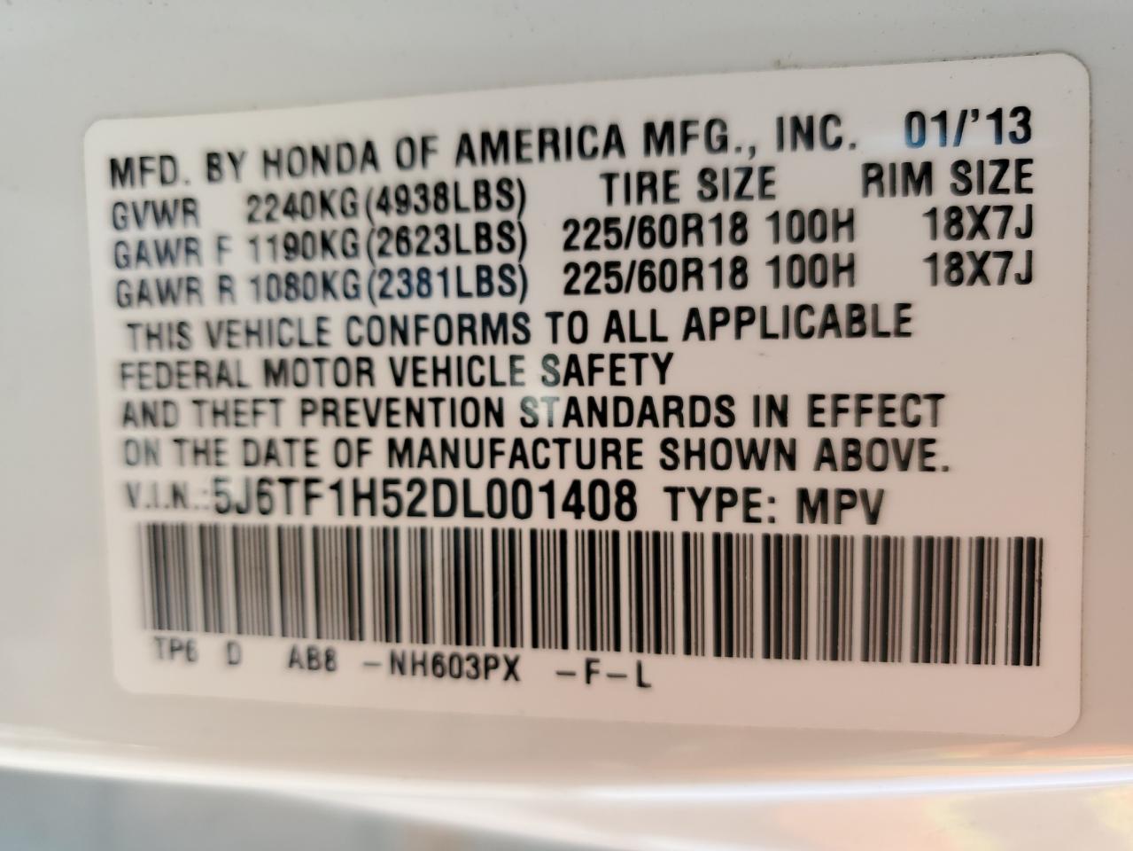 5J6TF1H52DL001408 2013 Honda Crosstour Exl