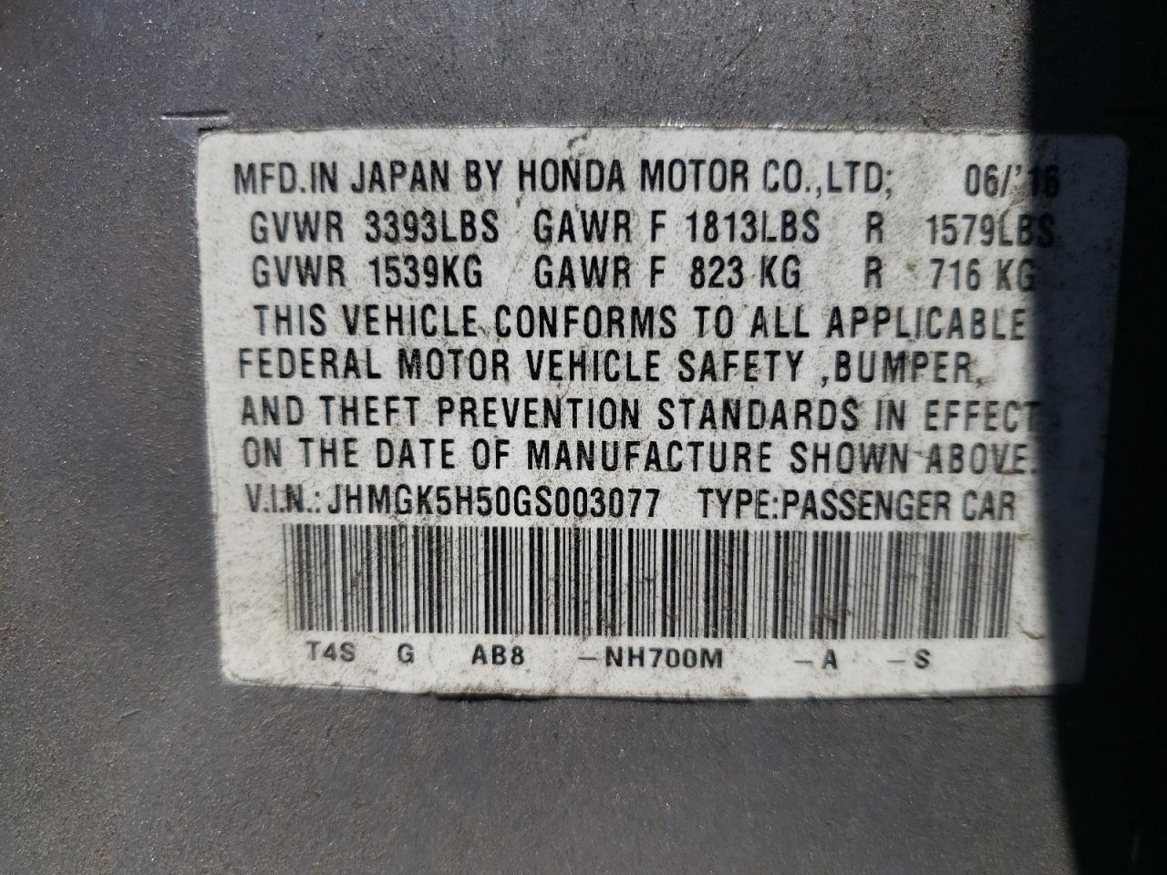 jhmgk5h50gs003077 JHMGK5H50GS003077 2016 Honda Fit Lx