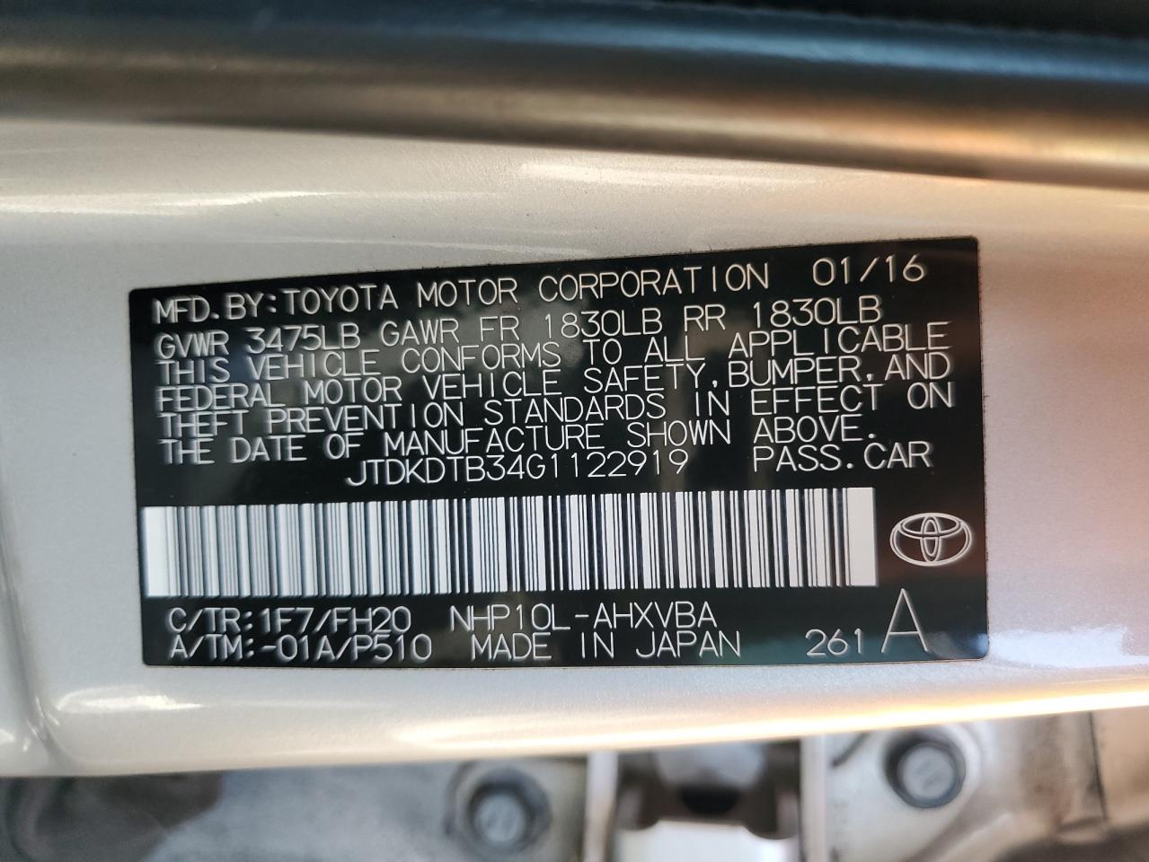 JTDKDTB34G1122919 2016 Toyota Prius C