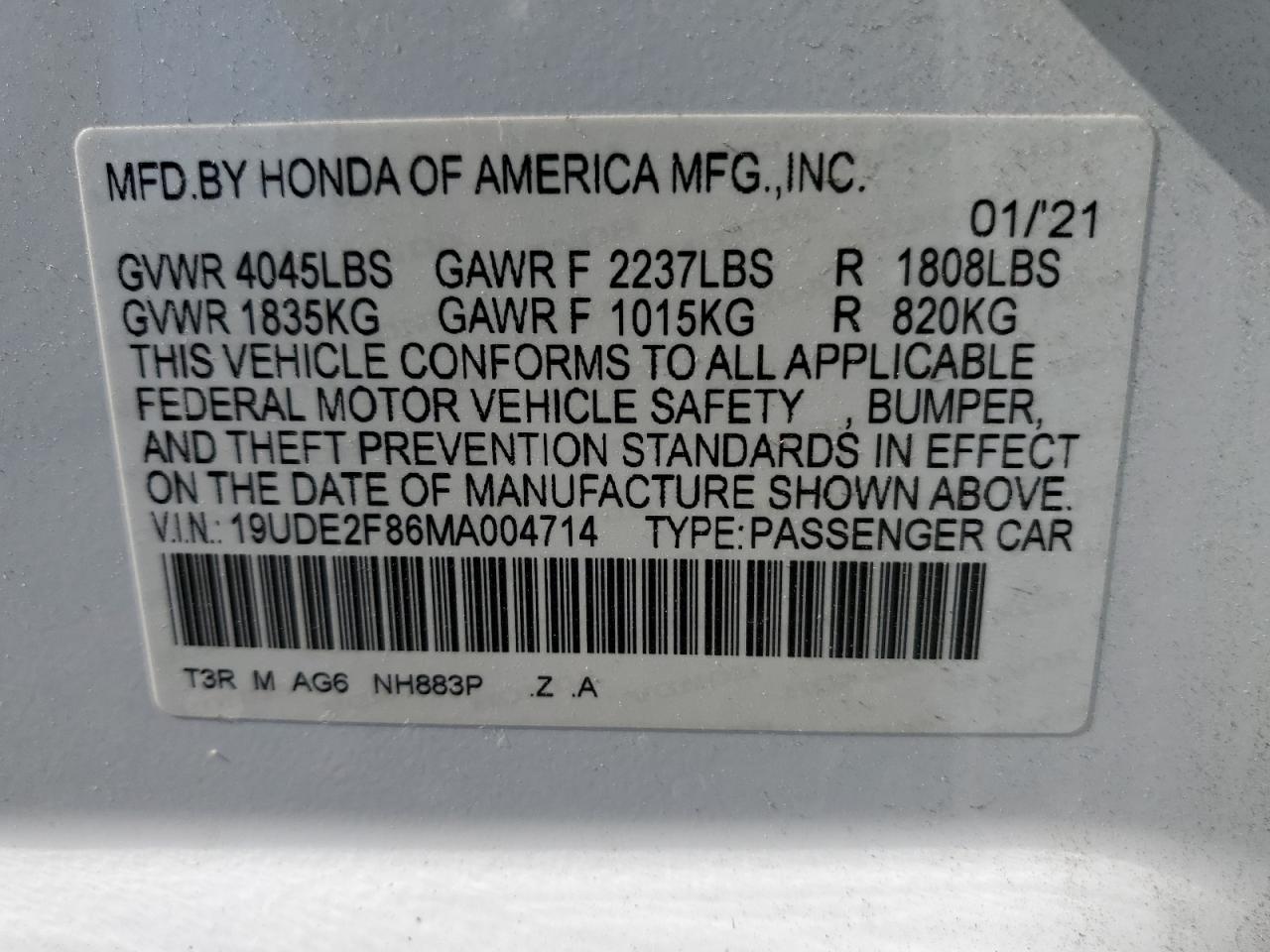 19UDE2F86MA004714 2021 Acura Ilx Premium A-Spec