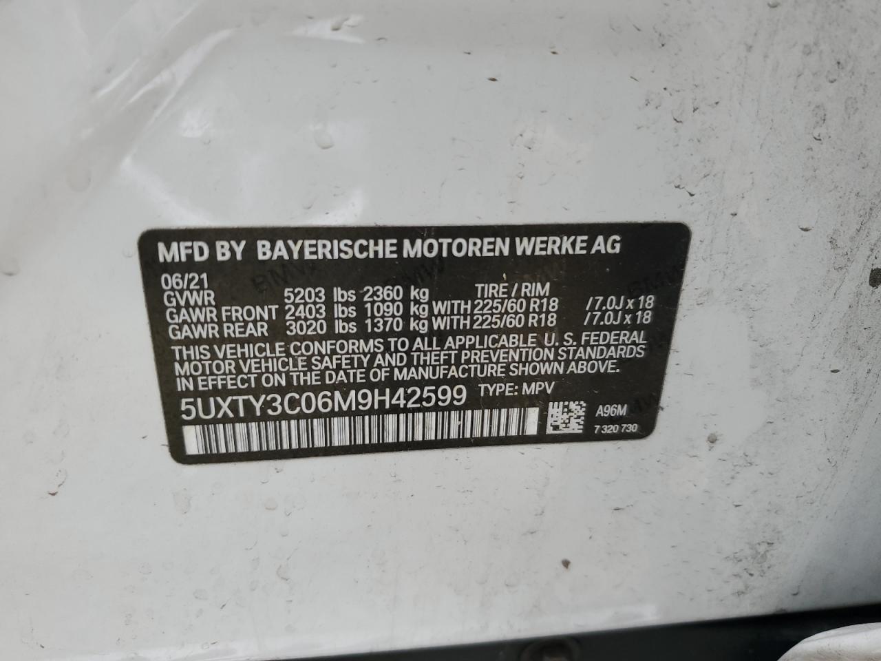 2021 BMW X3 Sdrive30I vin: 5UXTY3C06M9H42599