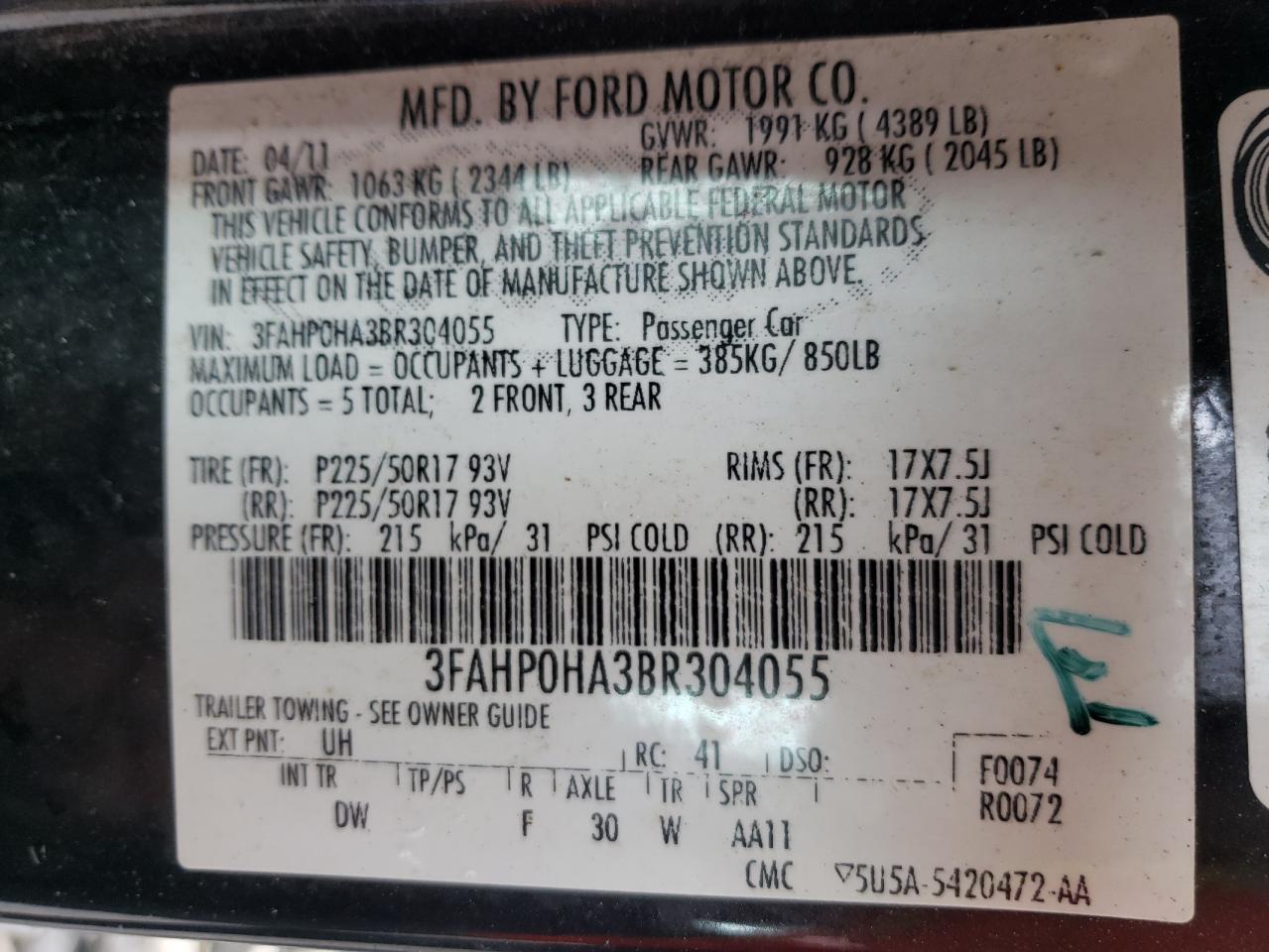 3FAHP0HA3BR304055 2011 Ford Fusion Se