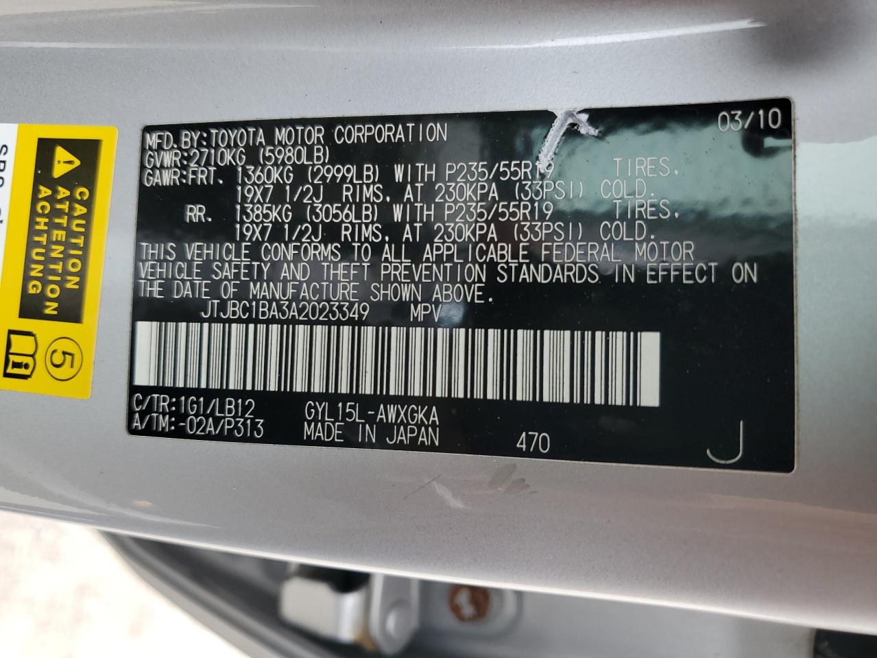 JTJBC1BA3A2023349 2010 Lexus Rx 450