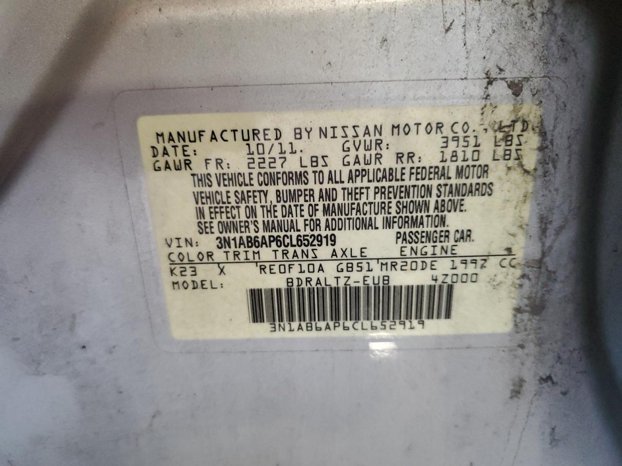 3N1AB6AP6CL652919 2012 Nissan Sentra 2.0