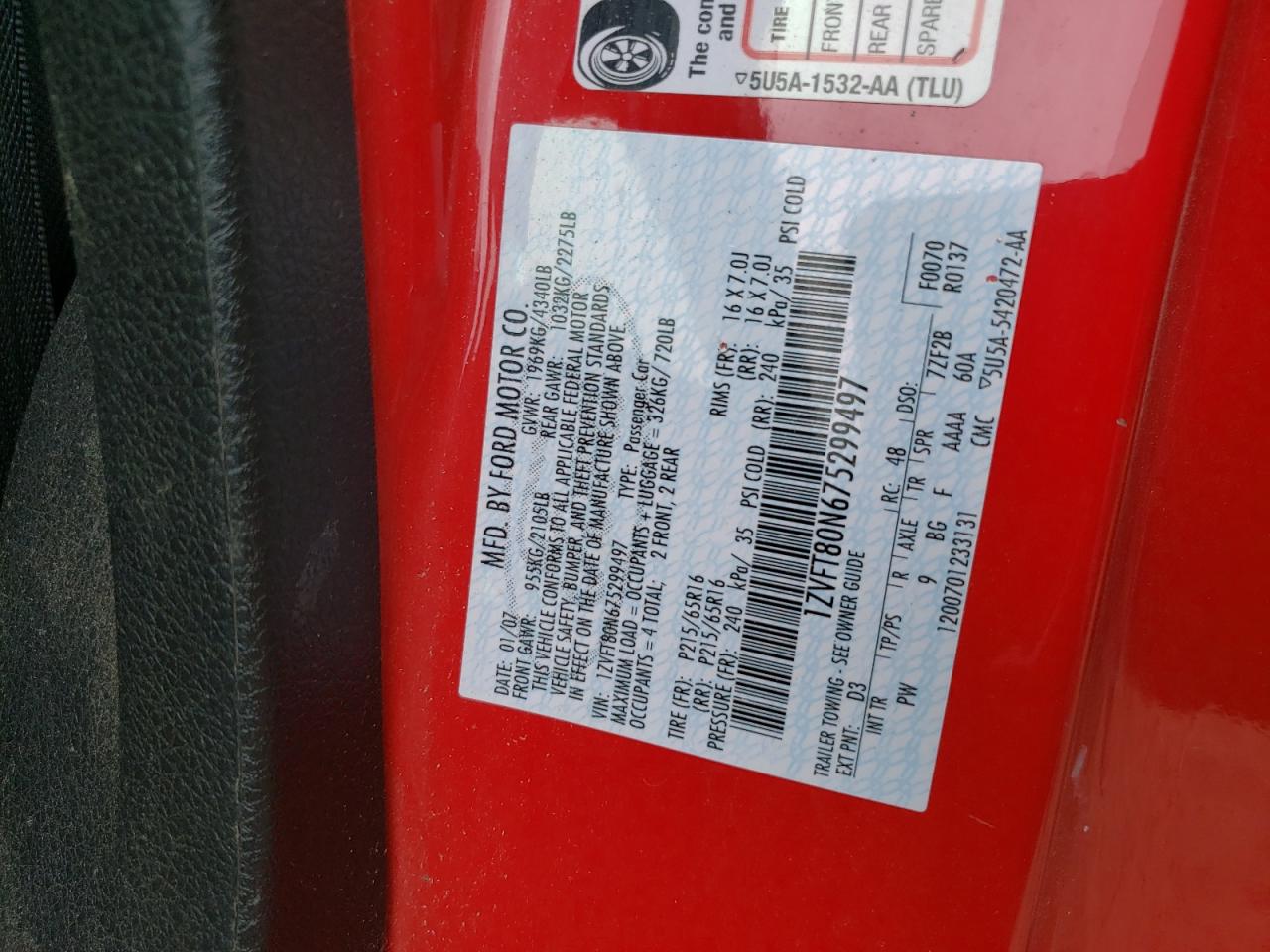 1ZVFT80N675299497 2007 Ford Mustang