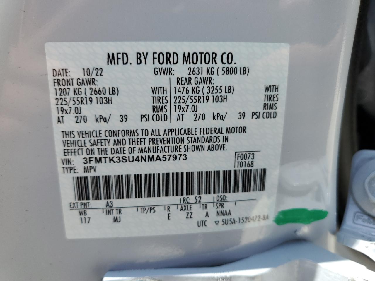 3FMTK3SU4NMA57973 2022 Ford Mustang Mach-E Premium