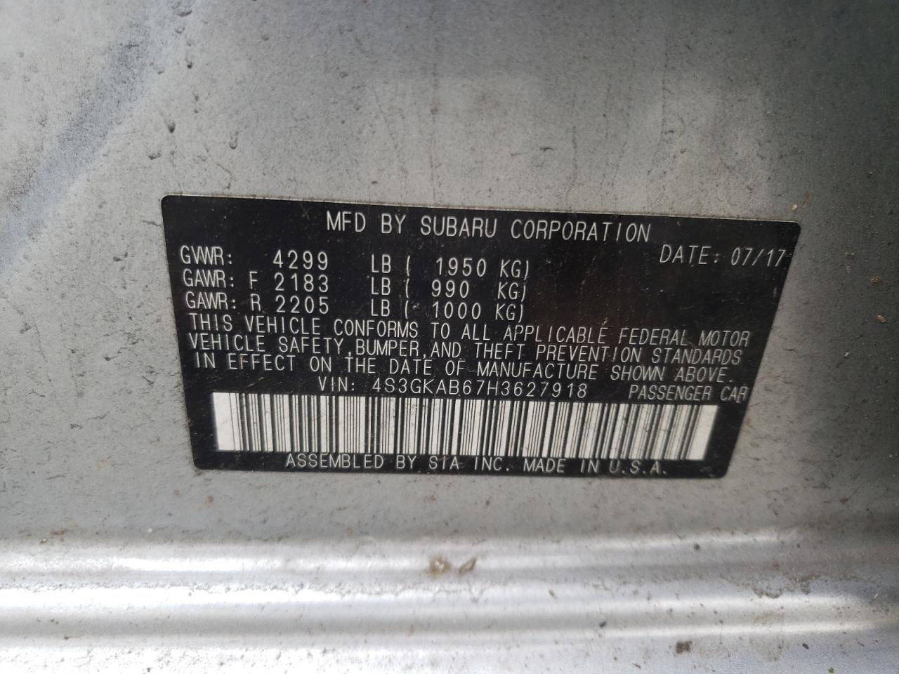 4S3GKAB67H3627918 2017 Subaru Impreza Premium