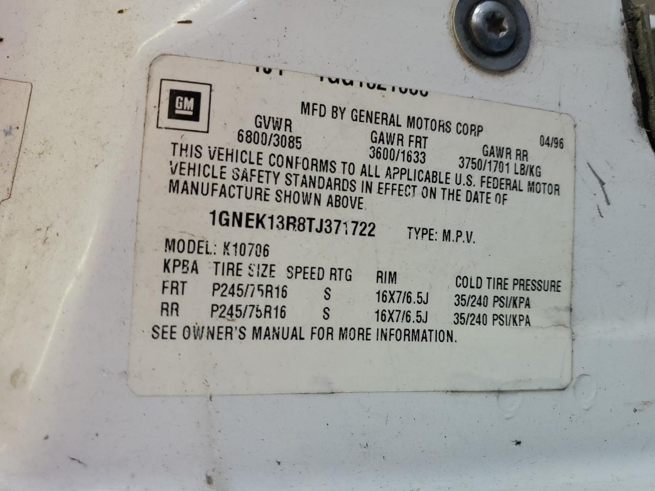 1GNEK13R8TJ371722 1996 Chevrolet Tahoe K1500