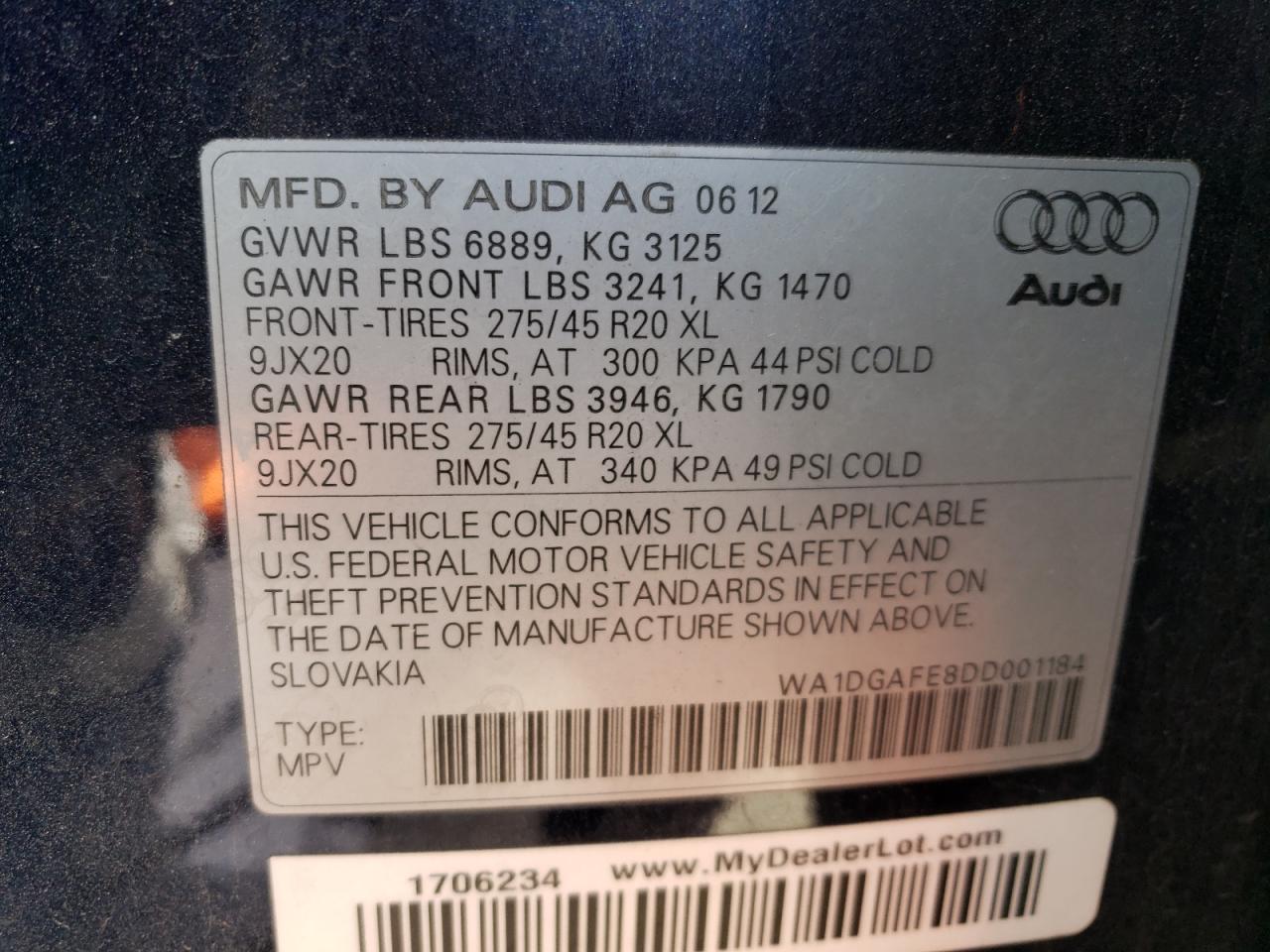 2013 Audi Q7 Prestige vin: WA1DGAFE8DD001184