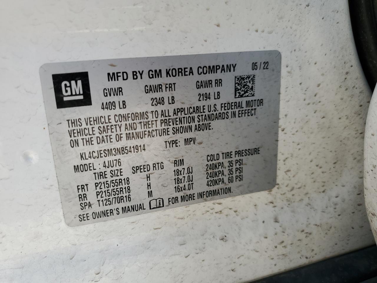 KL4CJESM3NB541914 2022 Buick Encore Preferred