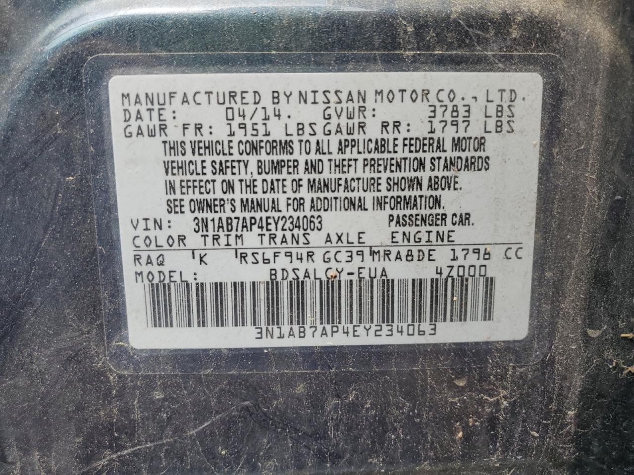 3N1AB7AP4EY234063 2014 Nissan Sentra S