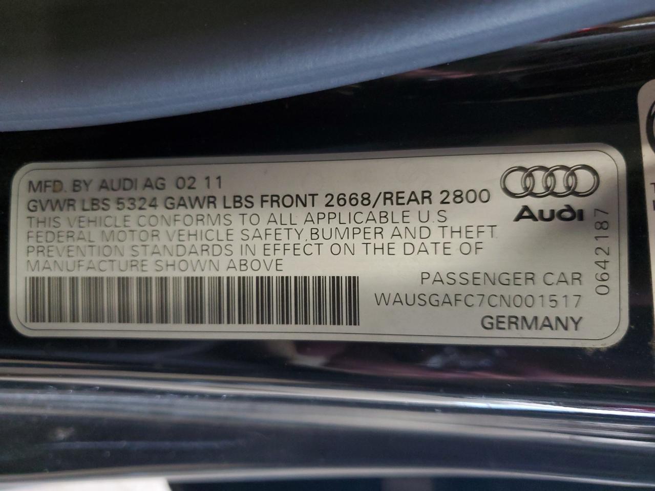 WAUSGAFC7CN001517 2012 Audi A7 Prestige