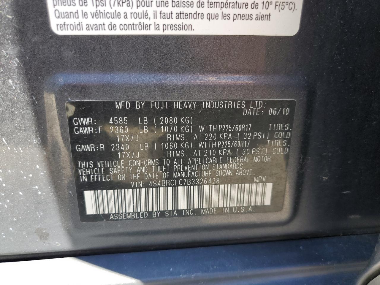 4S4BRCLC7B3326428 2011 Subaru Outback 2.5I Limited