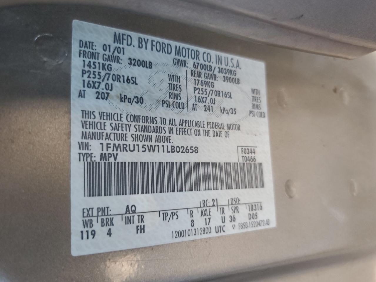1FMRU15W11LB02658 2001 Ford Expedition Xlt