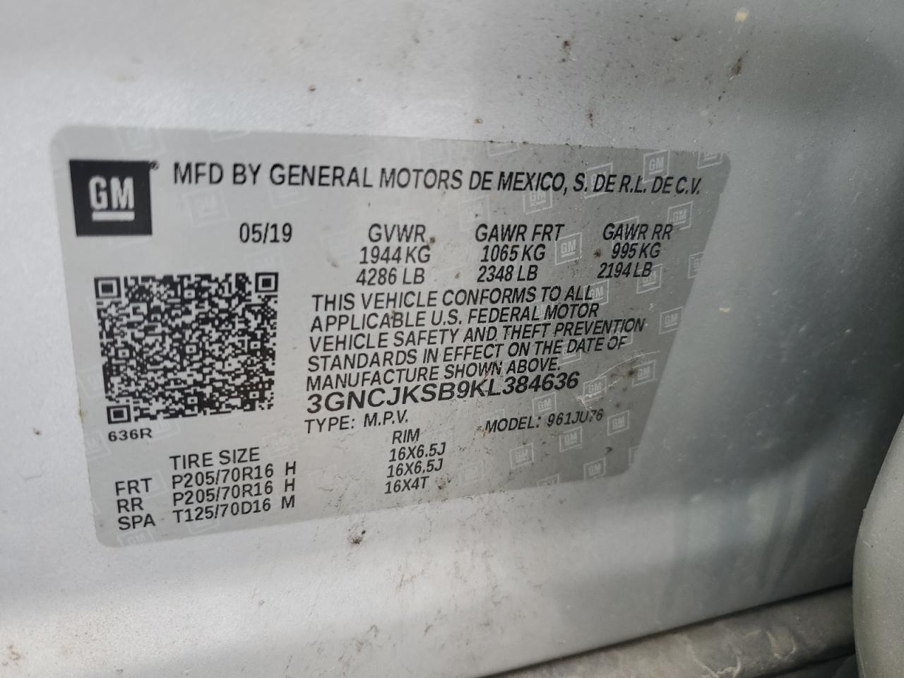 3GNCJKSB9KL384636 2019 Chevrolet Trax Ls